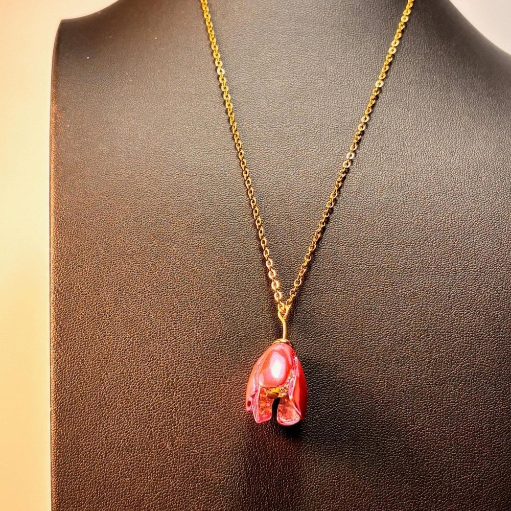 Tulip Flower Pendant Necklace Pink Gold Tone Statement Whimsygoth Fairycore Boho